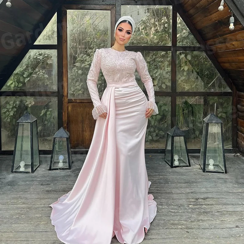 Robes De soirée luxueuses sirène pour femmes, col rond, manches longues, robes De bal personnalisées, perles plissées