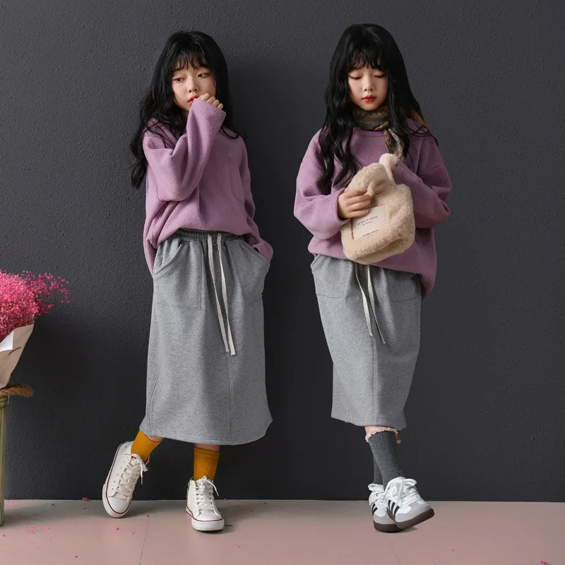 

2025 Child New Korea Style Casual Half Skirt Set Simple Warm Hoodie Warm and Casual Girls' Sports Polar Fleece Two-piece Set