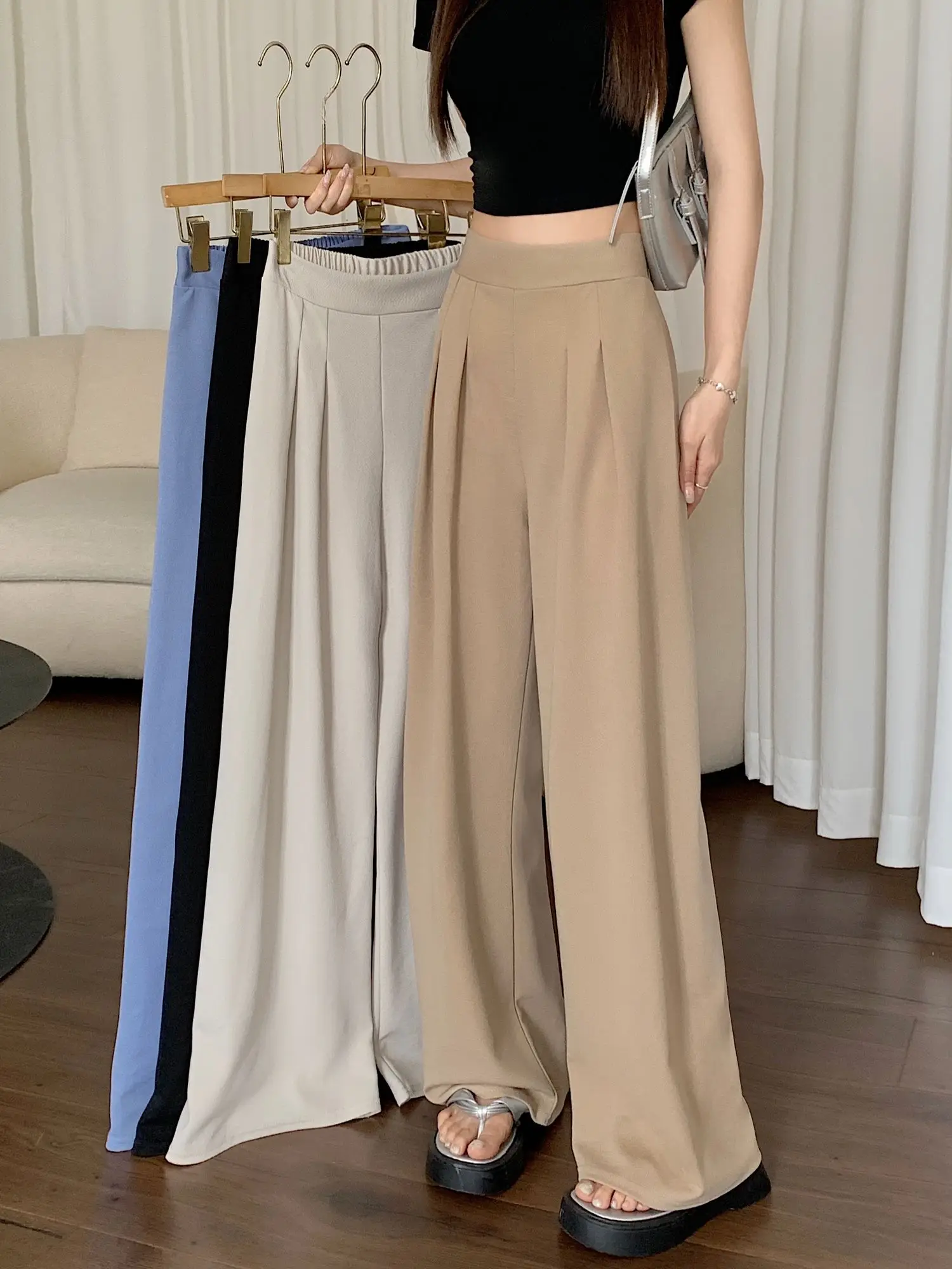 

Khaki Suit Pants Women's Elastic Waist Draping Looser Pants Summer Casual Pants High Waist Straight Leg Pants