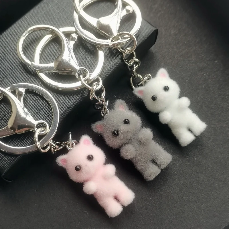 Cute Anime Cat Key Ring with Lobster Clasp, Fluffy Keychain, Gray, White, Pink, Cat Charm for Women\'s Bag, Car Keys Holder