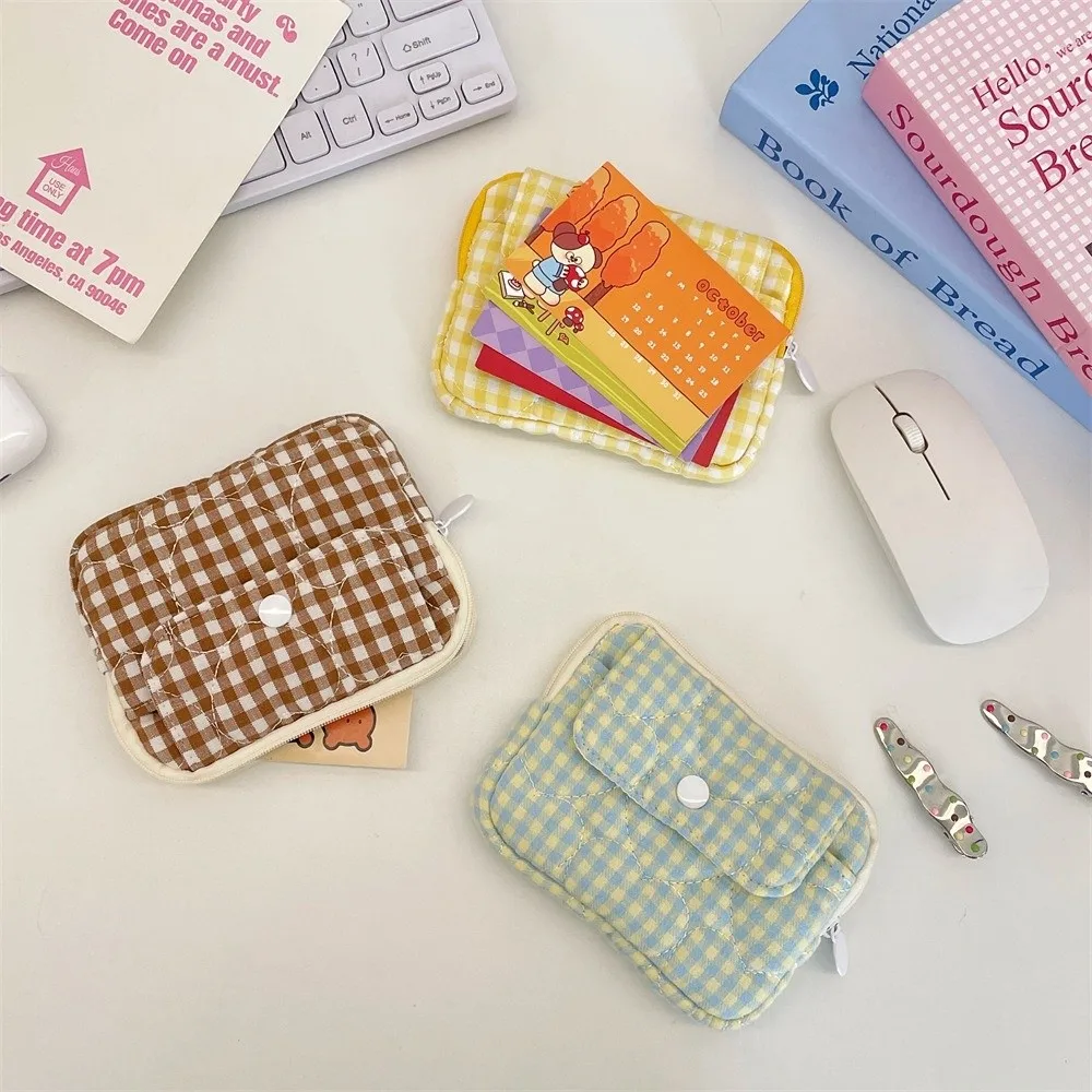 Cute Plaid Coin Purse Quilted Polyester Card Storage Bag Multifunctional Multi Layer Storage Bag Travelling Storage