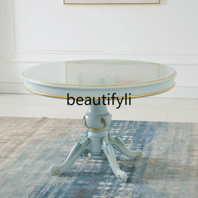 

French Pastoral Style, Dining Table And Chair Combination, Jacquard Fabric, Gold Engraving, European Style Dining Table