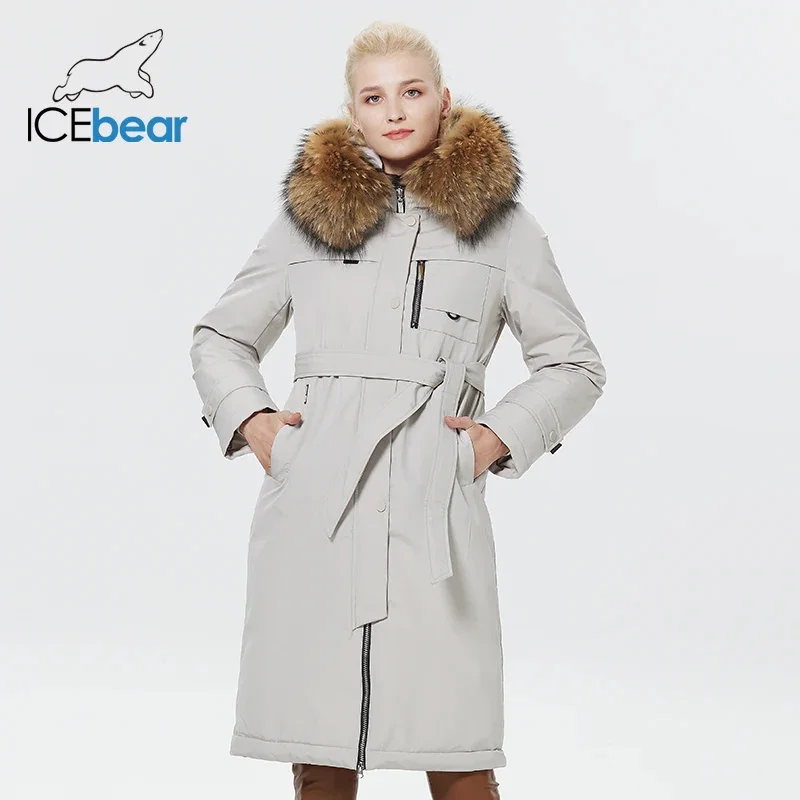 ICEbear 2023 Winter Women Jacket Long Elegant Cotton Parka with Fake Fur Trim Women\'s Thickened Warm Coat GWD22596-2D