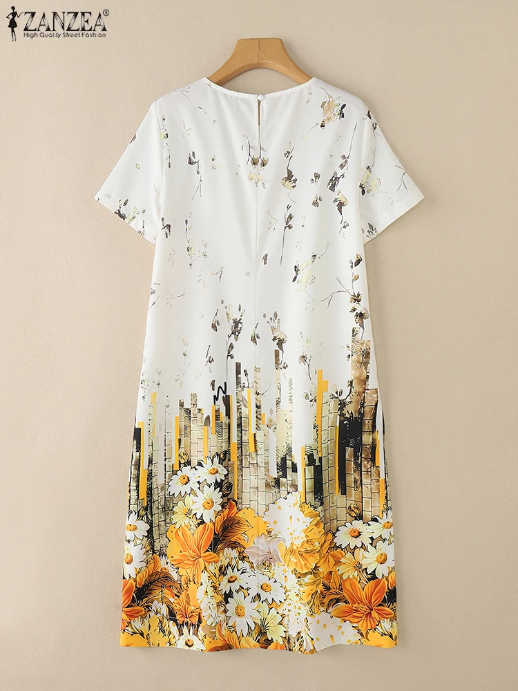 ZANZEA 2025 Zomer Losse Gewaden Femme Vakantie Womens Casual Bloemenprint T-Shirt Jurk Korte Mouw O-hals Midi Jurken