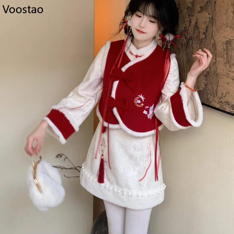 Chinese Style Lolita Dress Set Women Vintage Rabbit Embroidery Red Vest Mini Dress Suit Female Sweet Waistcoat Cheongsam Dresses