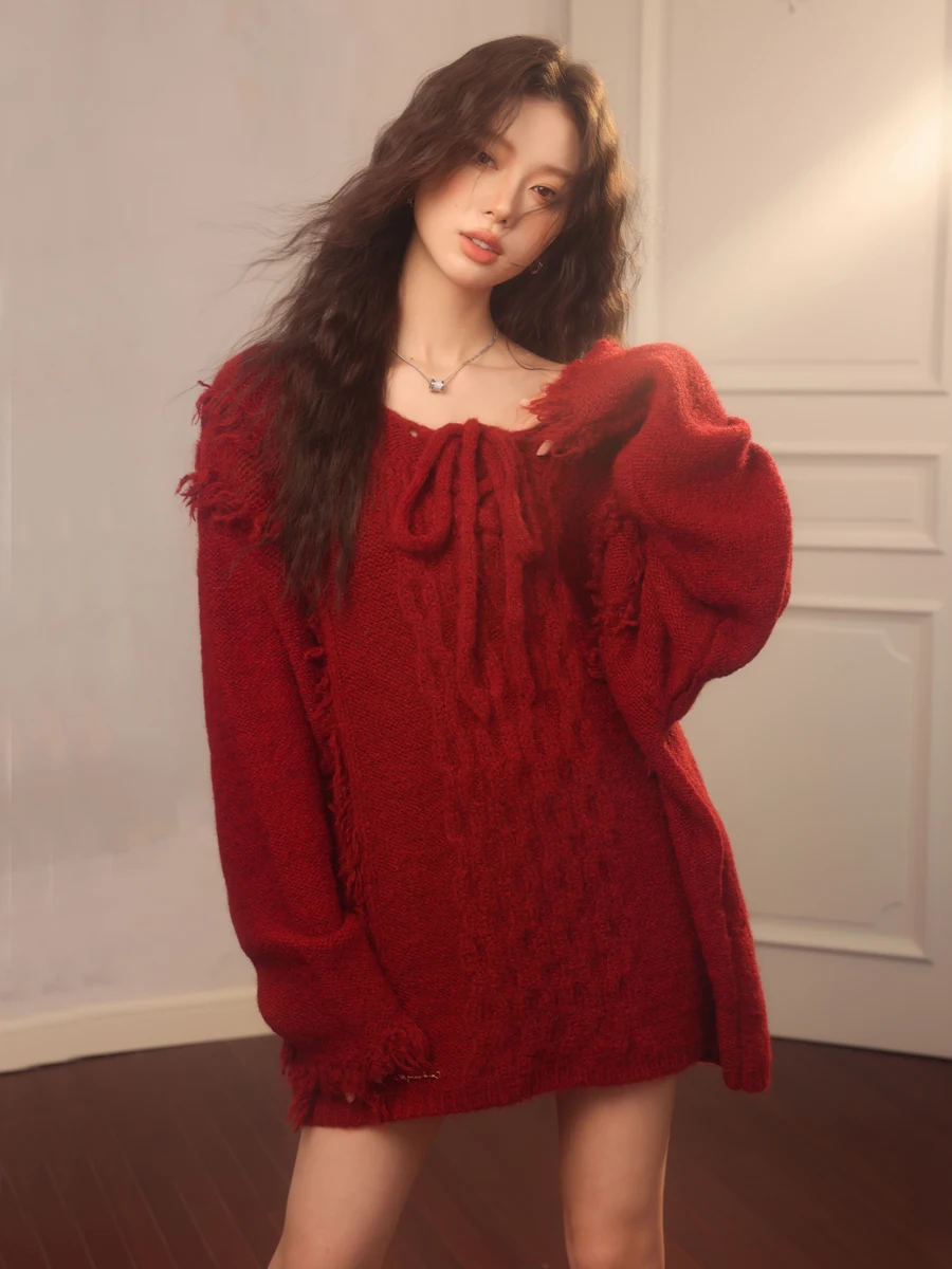 

LREEDOM красный свитер с кисточками, женский зимний ленивый свитер, новогодняя праздничная одежда с атмосферой, свободный крой, длинный све, круглый Ne