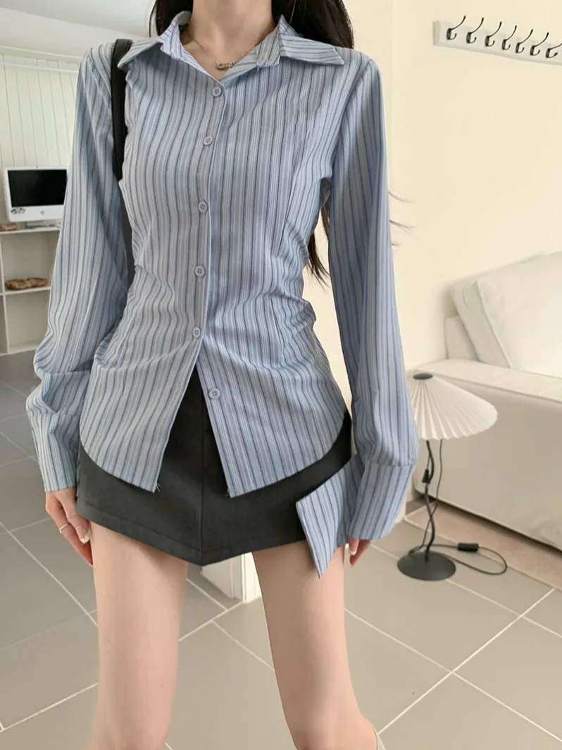 

Blue Striped irt Design Sensation Women's Faion Slim Fit Long Sve Polyester Fiber Commute Sle Single Button Multiple...