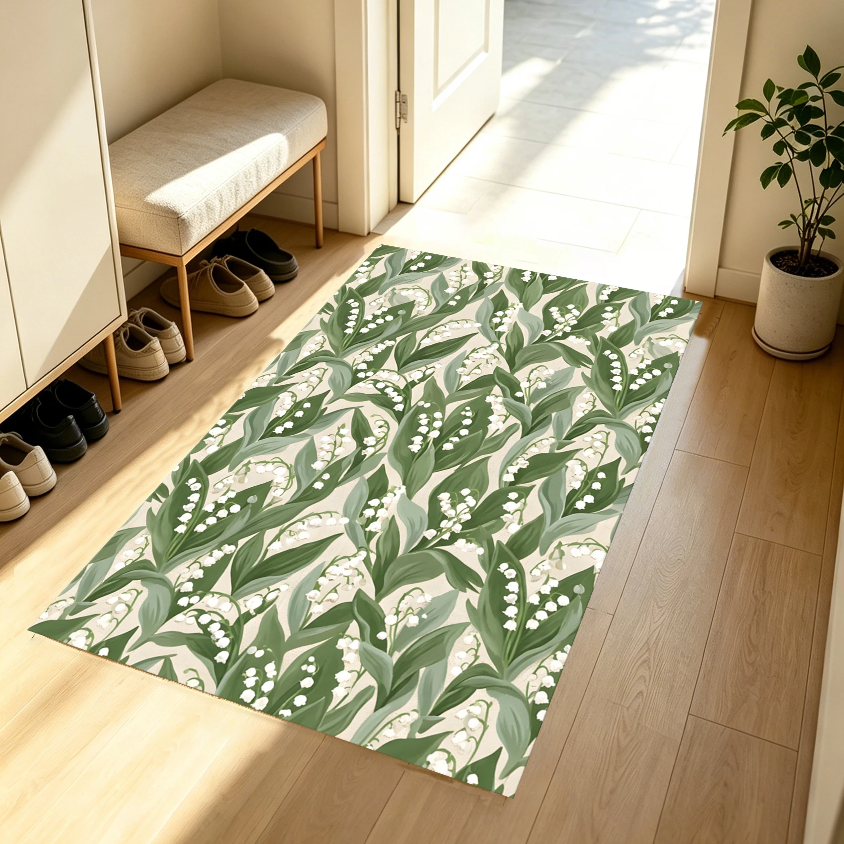 2D Large Rug with Lily of the Valley Print, Fresh and Pastoral Style, Suitable for Living Room and Bedroom, One-Click to Refresh Autumn and Winter Decorations