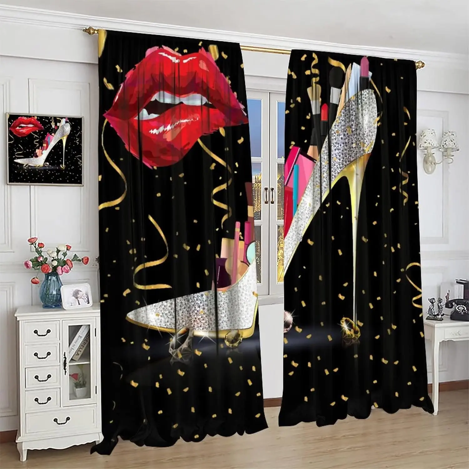 High Heels Curtains Red Sexy Lips Makeup Valentine's Day Theme Bedroom Living Room Decor Rod Pocket Blackout Window Drapes