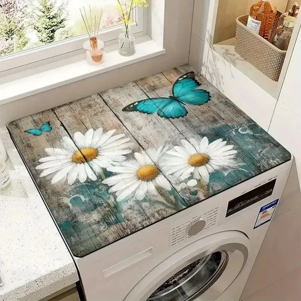 VIKAMA 3D Printed Blue Butterfly and Daisy Drainage Mat - Absorbent, Non-Slip, Quick-Dry Mat for Kitchens and Laundry Rooms