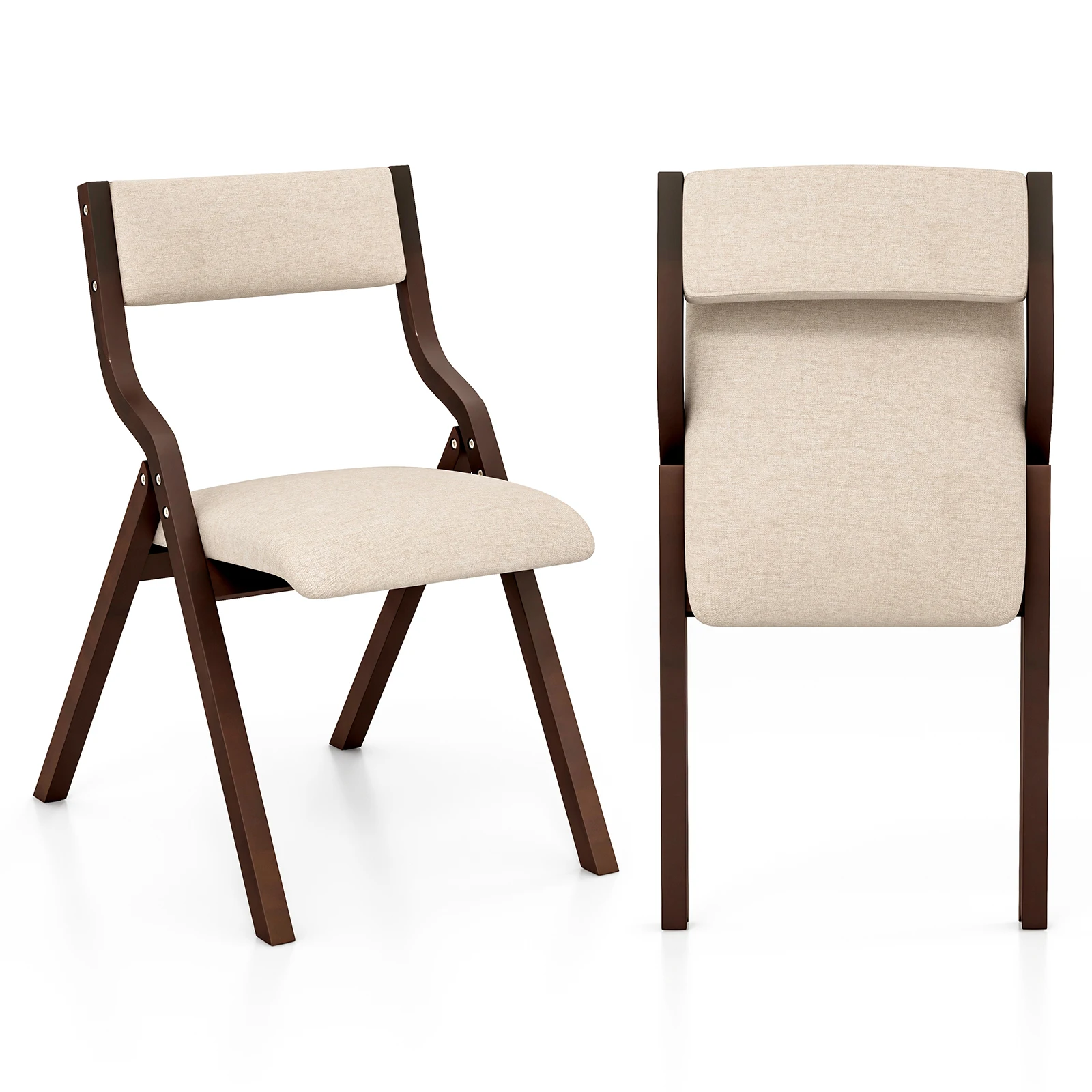 Folding Dining Chair Set of 2 Wooden Upholstered Modern Linen Fabric Padded Seat