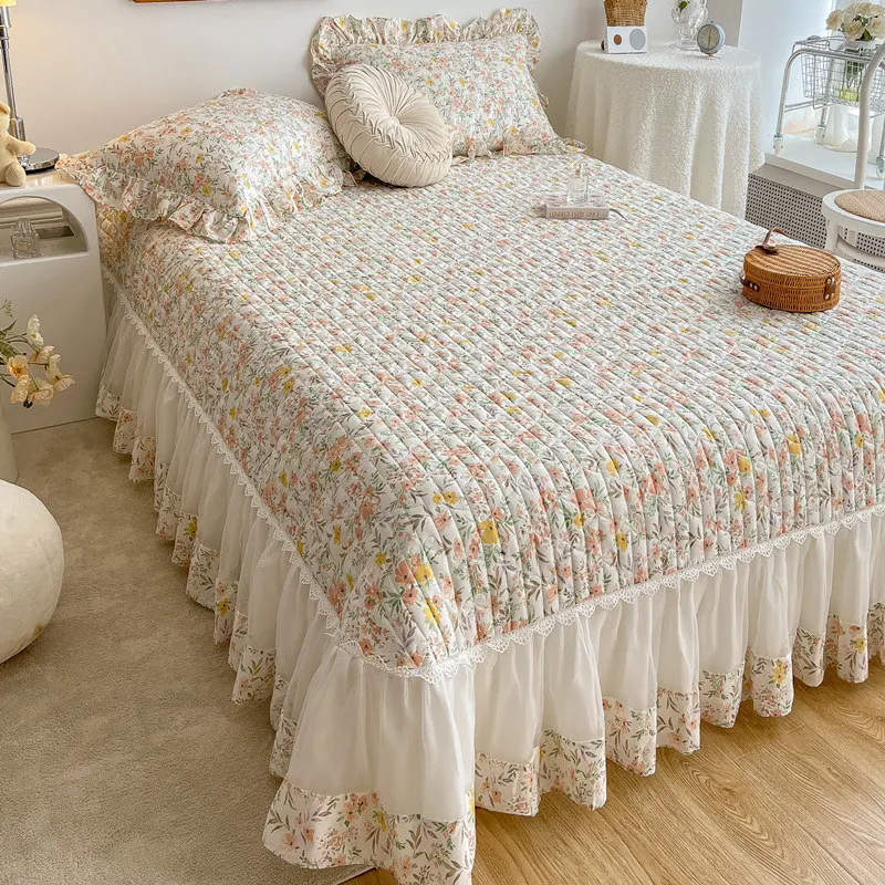 

Quilted Thick Bed Sheet Set for Girls Korean Cotton King Size Bedspread Floral Chiffon Ruffle Queen Double with 2 Pillow Shams