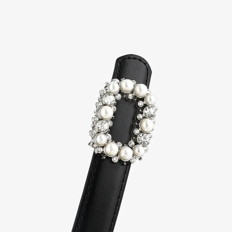 Ladies' belt inlaid with pearl rhinestone round buckle decorative belt, versatile women's cowhide smooth buckle waist belt