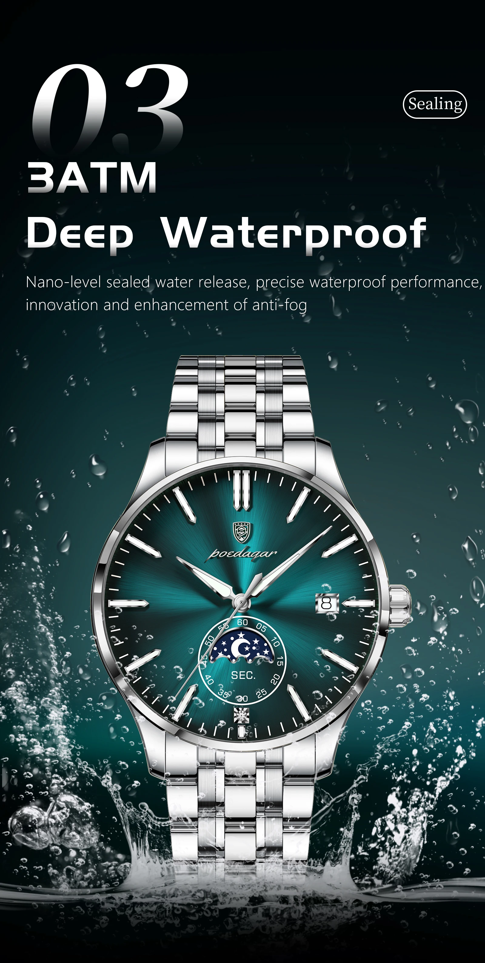 POEDAGAR Top-Luxus-Herrenuhr, Casual Edelstahl Quarz Herren-Armbanduhr, Wasserdicht, Leuchtend, mit Datum, Modische Herrenuhren Reloj – Detail 11