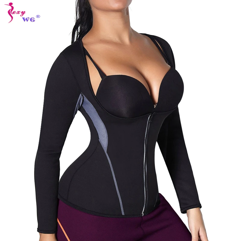 SEXYWG Slimming Body Shaper Fitness Tight Women Neoprene Sauna Suit Waist Trainer Shapewear Zipper Yoga Sports Long Sleeve Shirt