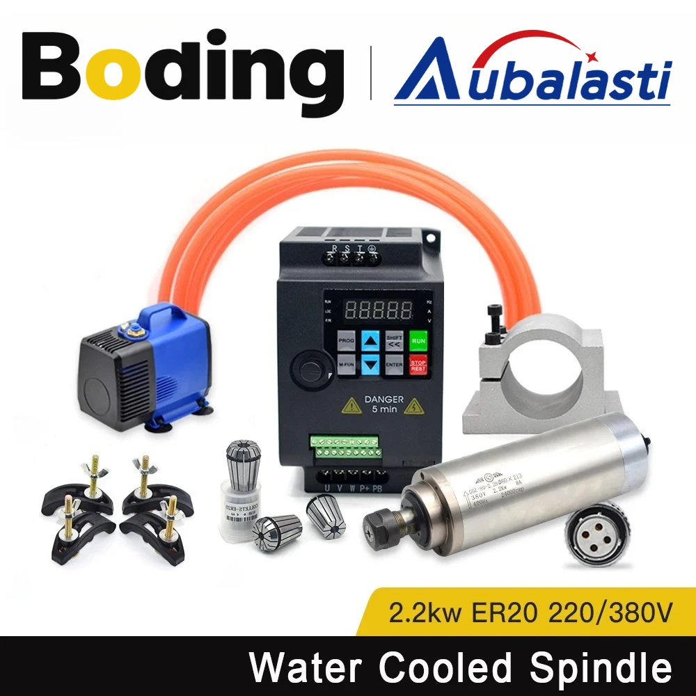 Aubalasti 2.2kw Water Cooled Spindle Motor Kits ER20 Inverter Bracket 80W Water Pump GDZ-80-2.2B For CNC Engraver Machine