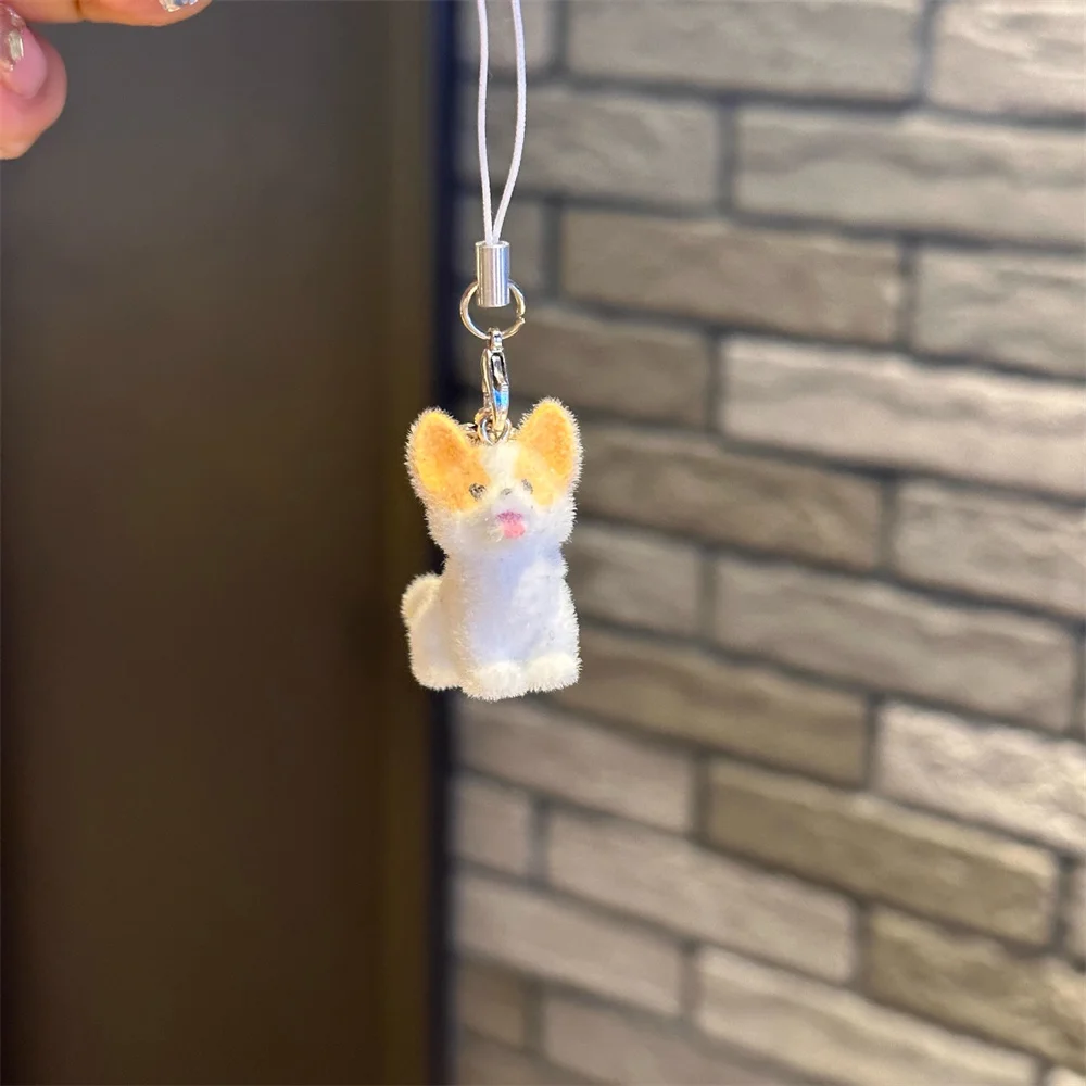 Resin Flocking Mobile Phone Chain Cartoon Cute Little Rabbit Dog Keychain Car Pendant Bag Hanging Decorations Give Friends Gift