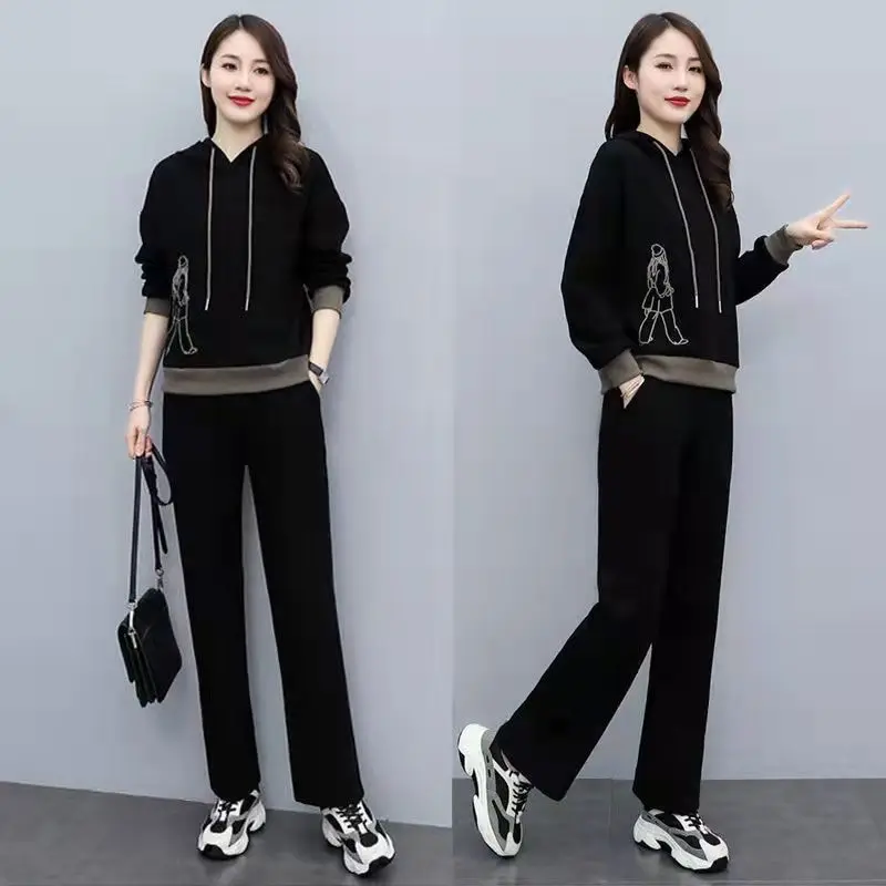 

Faionable High-End Loose Casual Sportswear Set Slimming Ele ular Polyester Long Sve Hooded Long Pants Two-Piece Set