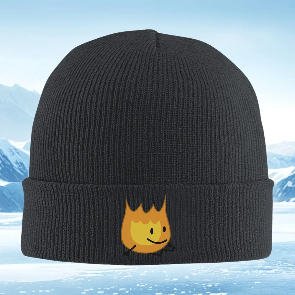 2026 Smiling flame character with black eyes Men Women Unisex Knitted Hat Beanie Pullover Cap Winter Thermal Warm Christmas Outd