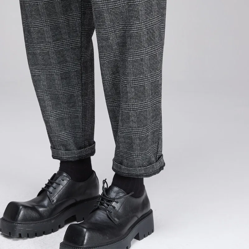 High Quality Autumn Winter Japanese Hong Style Plaid Thick Wool Cloth Daddy Pants Men's British Straight Loose Wide Leg Cropped
