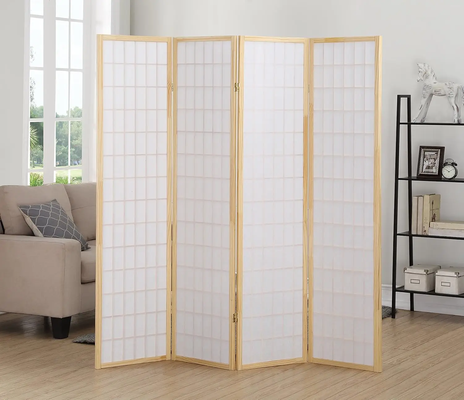 4 Panel Room Divider Screen with Rice Paper Design, Natural Wood Frame for Privacy in Small Spaces, 71 Inches Tall