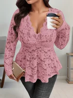 T-shirt à manches longues en dentelle pour femmes, élégant, à la mode, haut en dentelle, coupe confortable, tenue décontractée 4