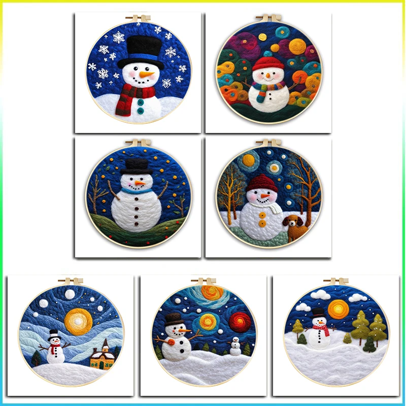 CHENISTORY 20x20cm Frame Needle Felting Kit Snowman Needle Felting For Beginners Wool Felting Set DIY Craft Home Decor