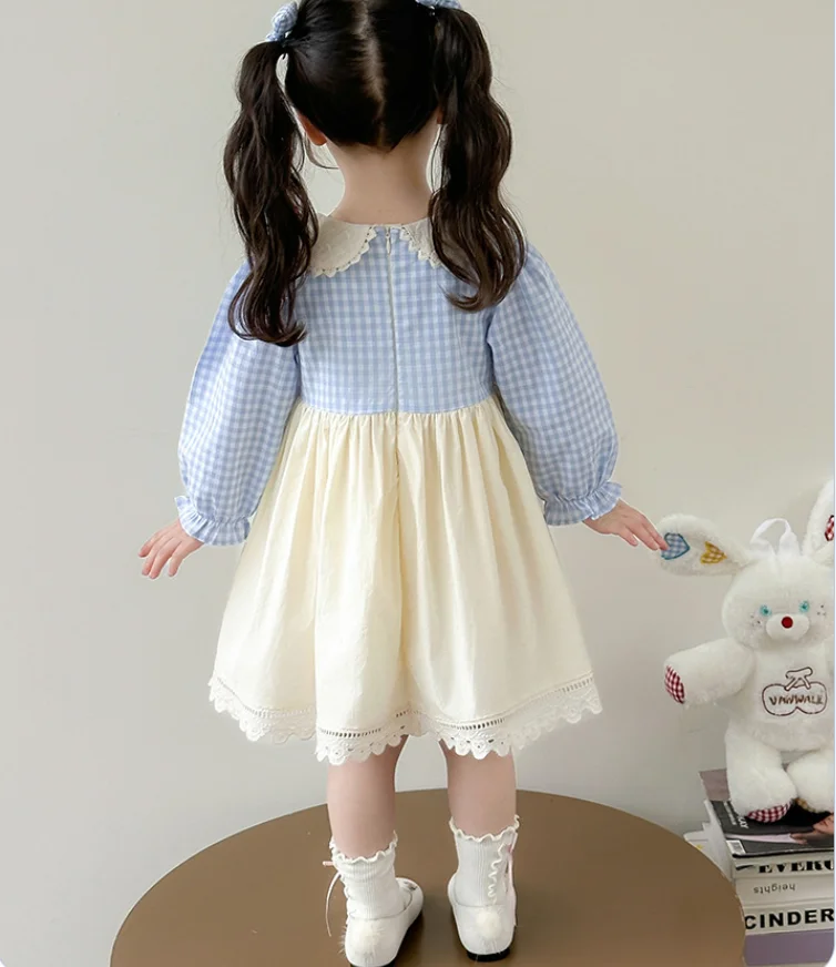 فستان كارتون منقوش باللون الأزرق بأكمام طويلة للأطفال حديثي الولادة، فساتين حفلات على الموضة للأميرة للأطفال 2-7 T