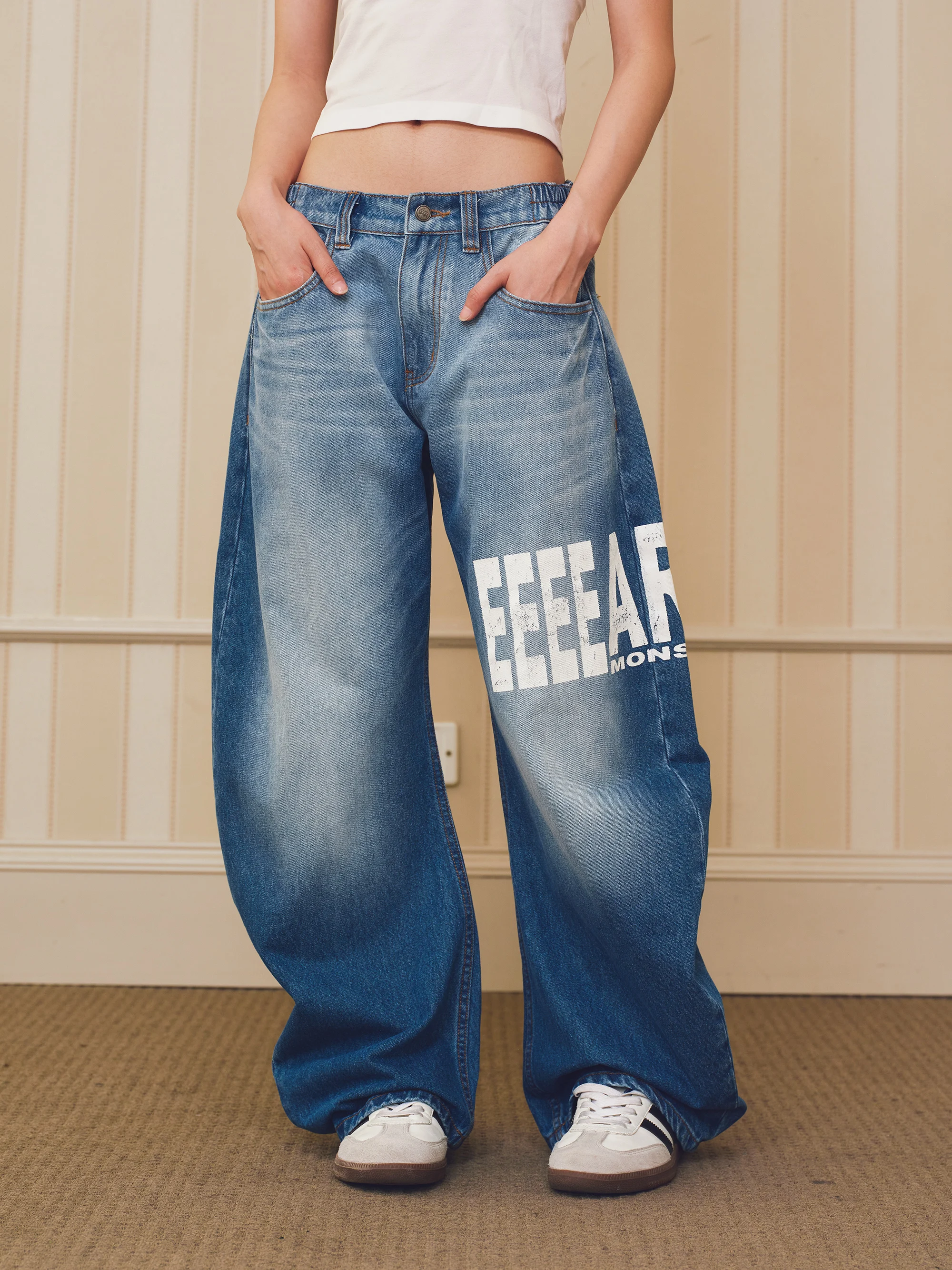 Retro Washed Distressed Knife  Jeans Letter Print Elastic Waist Long Trousers Vintage Style Men's Denim Pants