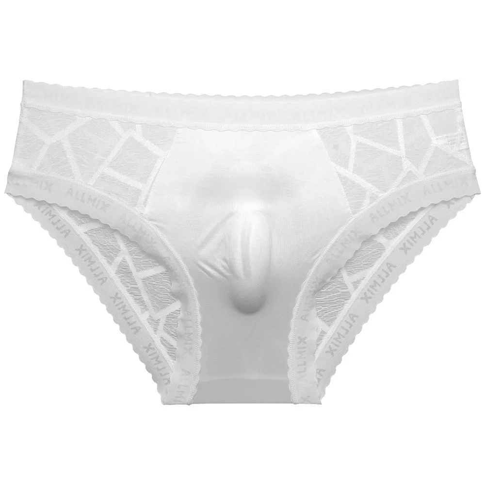 Men's sexy transparent ice silk hollow lace thin triangle underwear shorts 3PCS