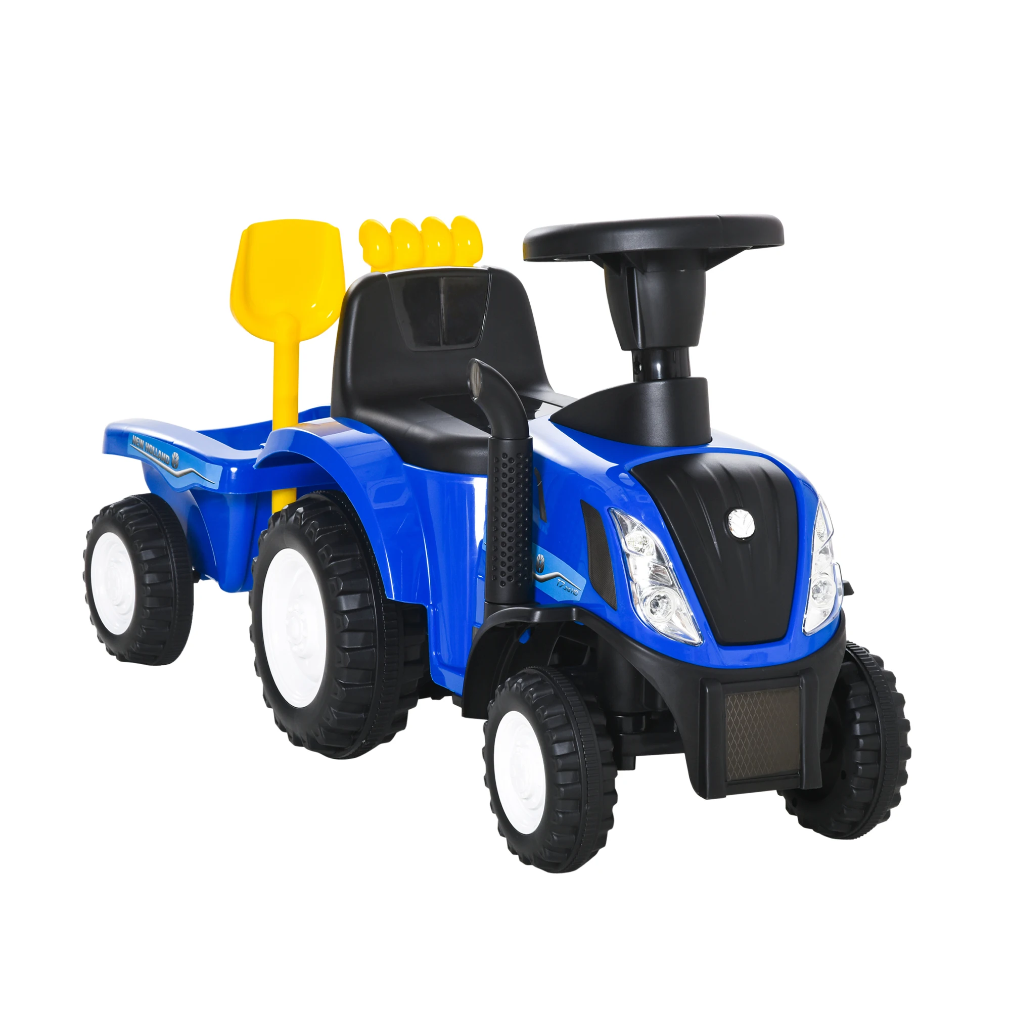 HOMCOM 12-36 Months Children Tractor with Removable Trailer Car Car Slide with Headlights Shovel and Rake 91x29x44cm