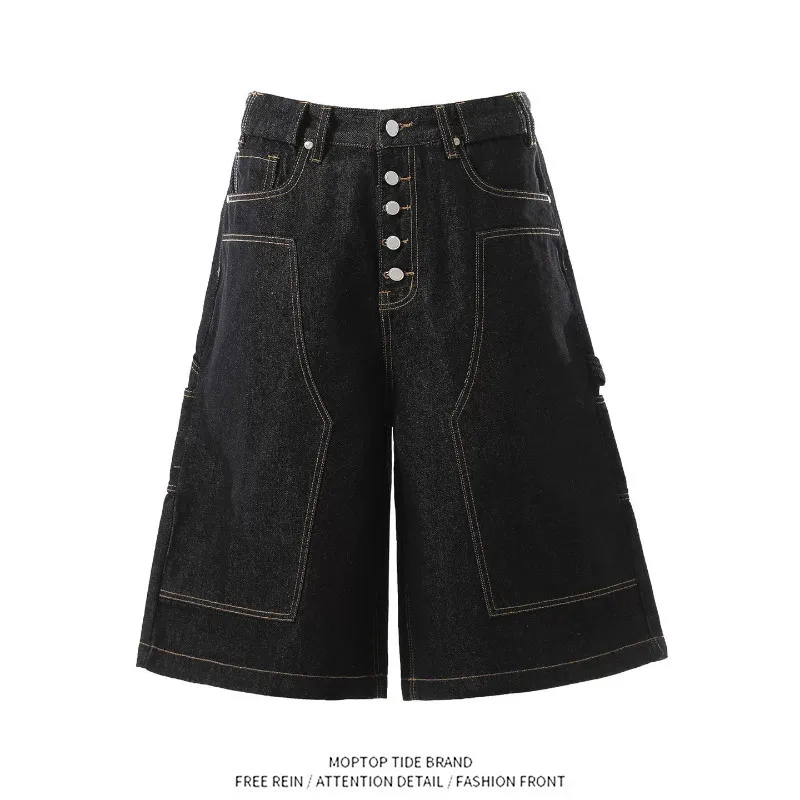 

Summer Trendy Retro Loose Straight Leg Men's Jeans Buttoned Workwear Design Wide Leg Seven-Foot Pants Standard Fit Low Waist