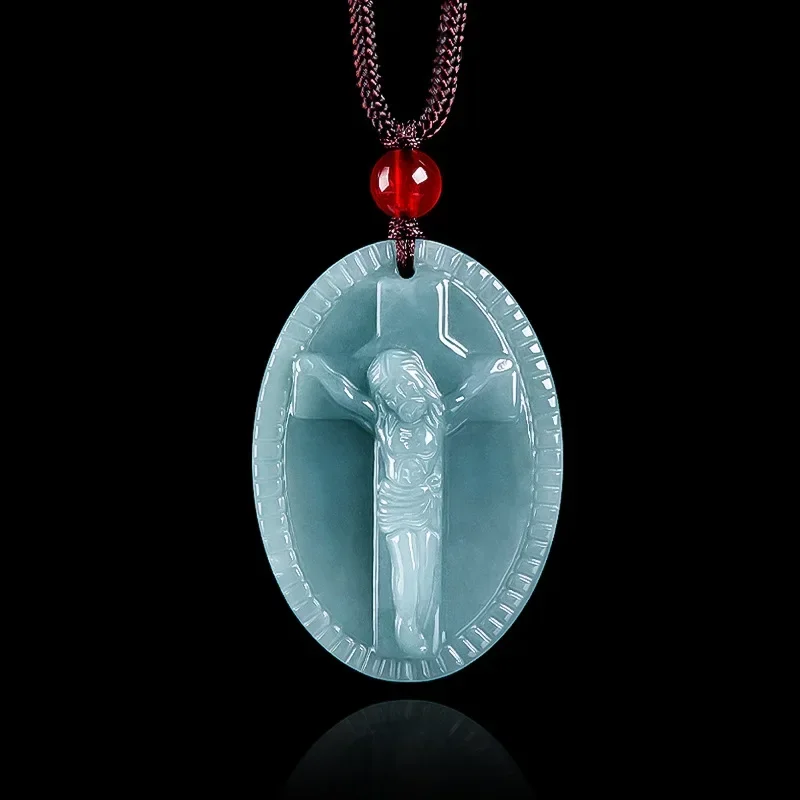 Genuine A-goods Jadeite Blue Water Cross Priest Faith Pendant Men and Women Models Religious Beliefs Jewelry Jade Necklace
