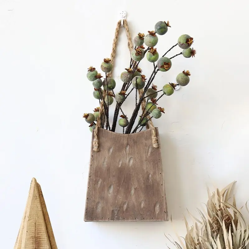 Wooden Vase Lanyard Old Wood Wall Hanging Bag Vase Creative Wabi Sandy Retro Solid Wood Planter Shelf  Wall Hanging Decoration