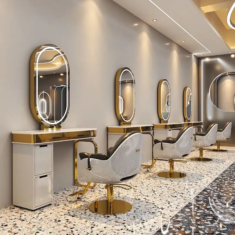 

Hot Selling Gold Salon Mirror Station Styling Mirror with Storage for Hair Salon Furniture Barber Station Mirror Light