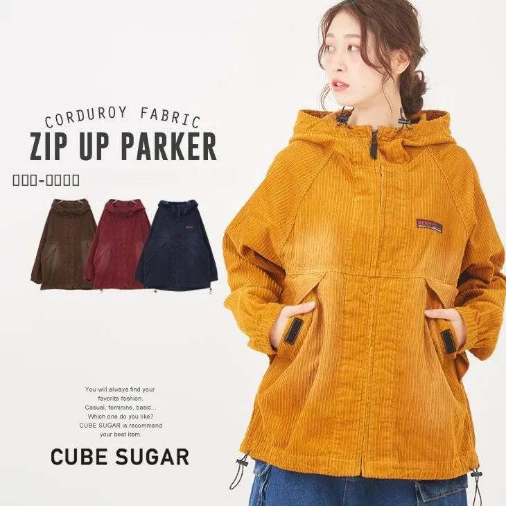 

Autumn 2025 New Cotton Waed Corduroy Hooded Casual Jaet Loose Women's Single Piece Long Sve Zipper Pure Color