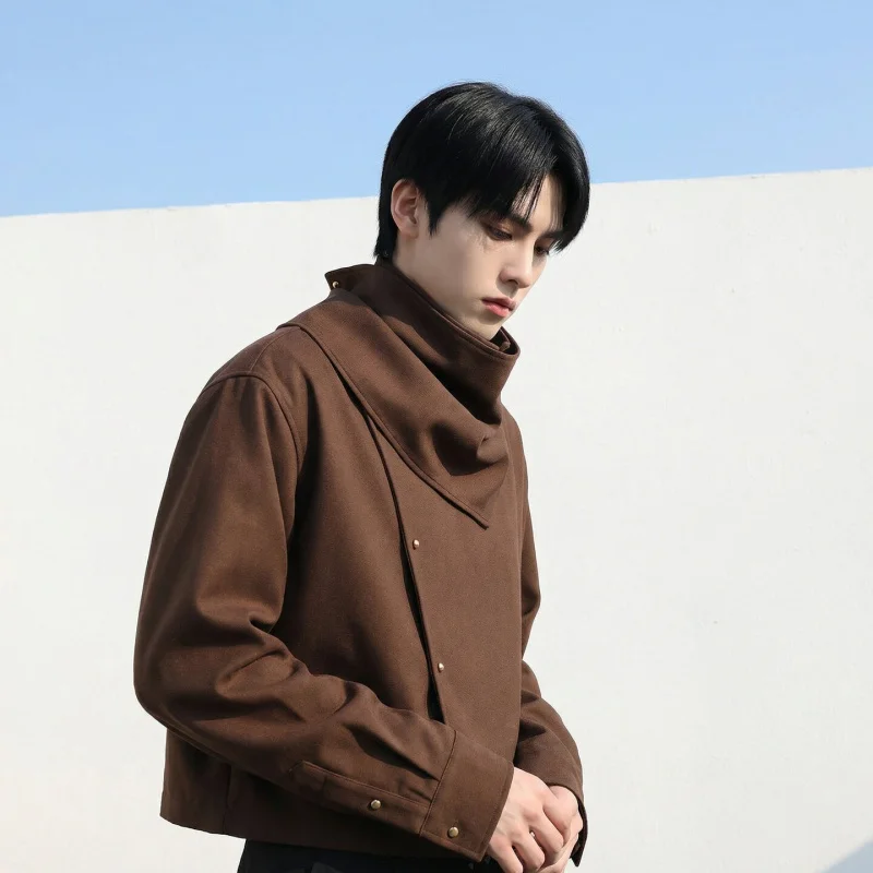 

Асимметричная мужская рубашка в новом китайском стиле с высоким воротником, драпированным дизайном, премиальным видом, свободного кроя, с длинным рукавом, из полиэстера, весенняя, молодежная.