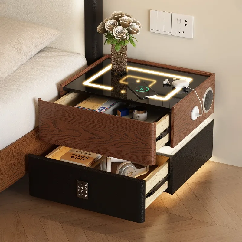 Italian Floating Nightstands Walnut Bedside Storage Cabinet Luxury Minimalist Bedroom Furniture Smart Modern Drawer Cabinets
