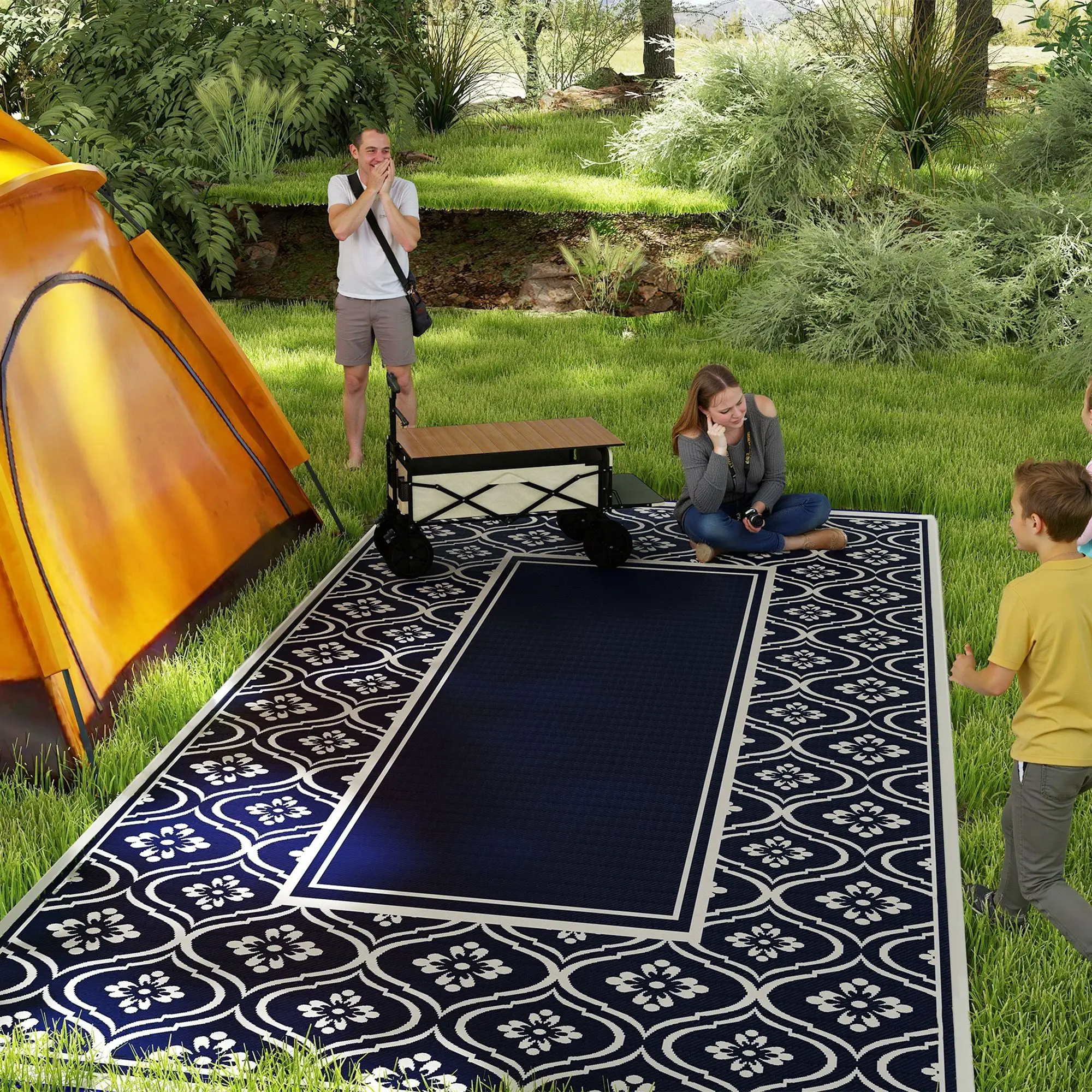 

For Outsunny Reversible Outdoor Rug, Waterproof Plastic Straw with Carry Bag, 9' x 18', Blue & White Gourd Border