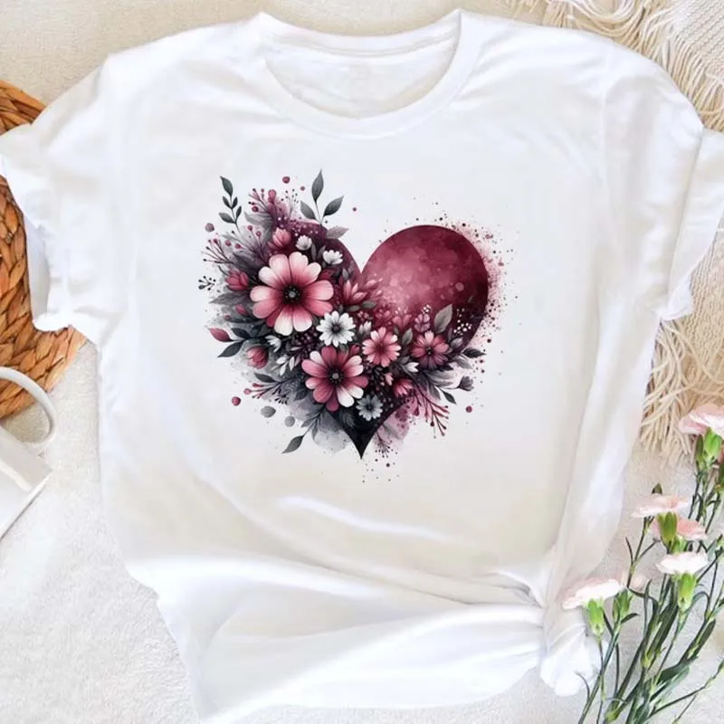 여름 신상 하트 플로럴 패턴 프린팅 티셔츠 여성 의류 라운드 넥 반팔 티셔츠 탑스 티즈 미학 의류