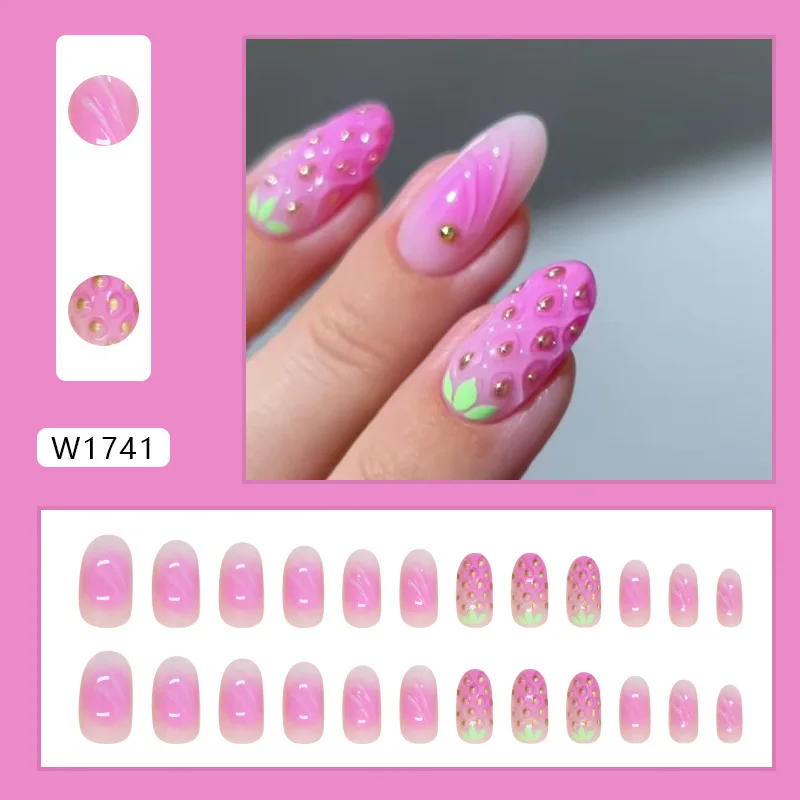 24pcs Cute 3D Strawberry False Nails Gradient Purple Fake Nails Full Cover Wearable Ins Short Round Press on Nails for Girls