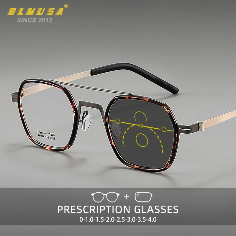 

BLMUSA Men Anti Blue Ray Reading Glasses Female Polygon Leopard Photochromic Glasses Titanium Progressive Prescription Glasses