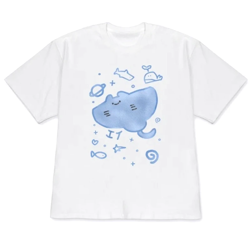 Kawaii T-Shirt Tops Cute Ray Printed Tee Simple Aesthetic Cartoon Short Sleeve Women Tee Girls Korean Style Versatile Daily Tops