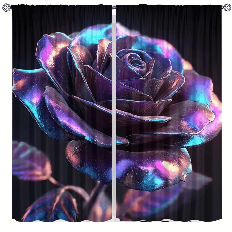 Metallic Shimmer Holographic Rose Window Curtains 2 Panels,Dark Base Rainbow Glow Flower Cool Gothic Romantic Home Decor Curtain