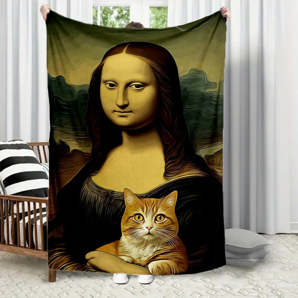 Interesting Mona Lisa and Cat Pattern Flannel printed blanket suitable for all seasons for living room office sofa and travel
