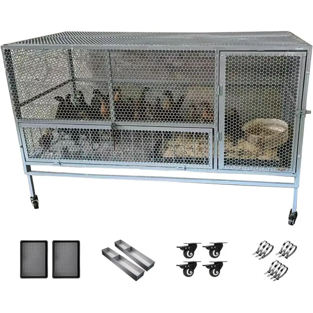 

Outdoor Large Chicken Coop for 10 Chickens with Galvanized Steel, Pallets, and Wheels - Ideal for Backyard Use (150x60x73cm, Gra