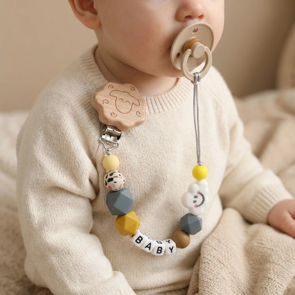 Custom Baby Name Dummy Chain Cute Cloud Silicone Teething Toy Wooden Sheep Clip BPA Free Newborn Chew Safe Gift