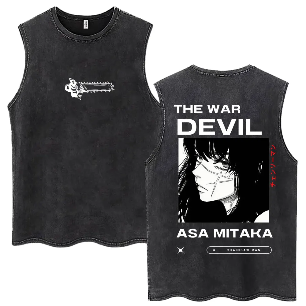 Washed Anime Chainsaw Man Tank Tops Denji Pochita Manga Sleeveless T Shirt Men Women Oversized Casual O-Neck Vests Streetwear