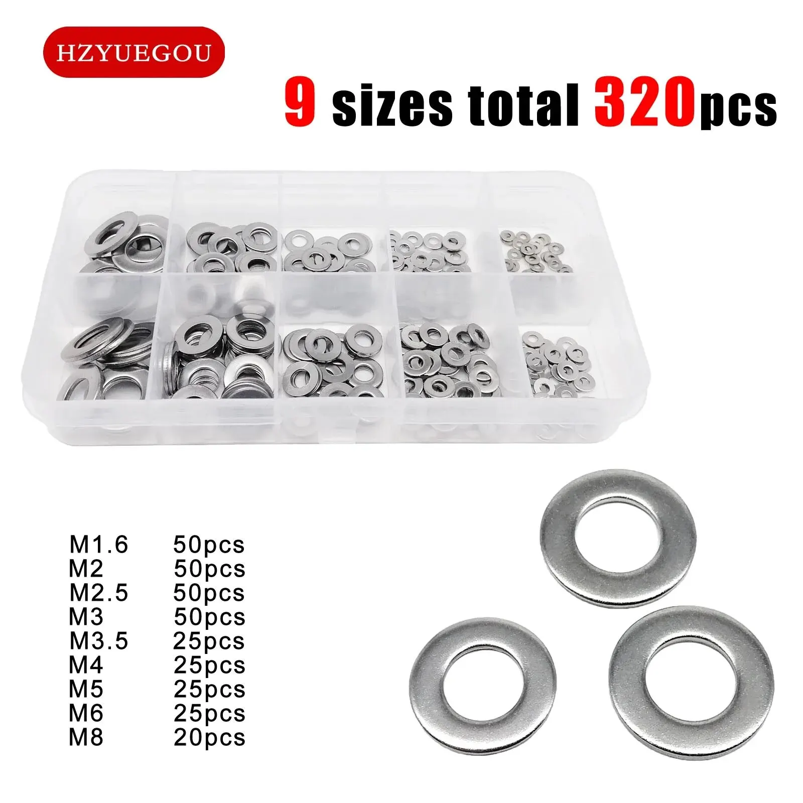 320pcs GB97 Plain Gasket Ring Flat Washer Mix Size Assortment Kit Set Box M1.6 M2 M2.5 M3 M3.5 M4 M5 M6M8 304 A2 Stainless Steel