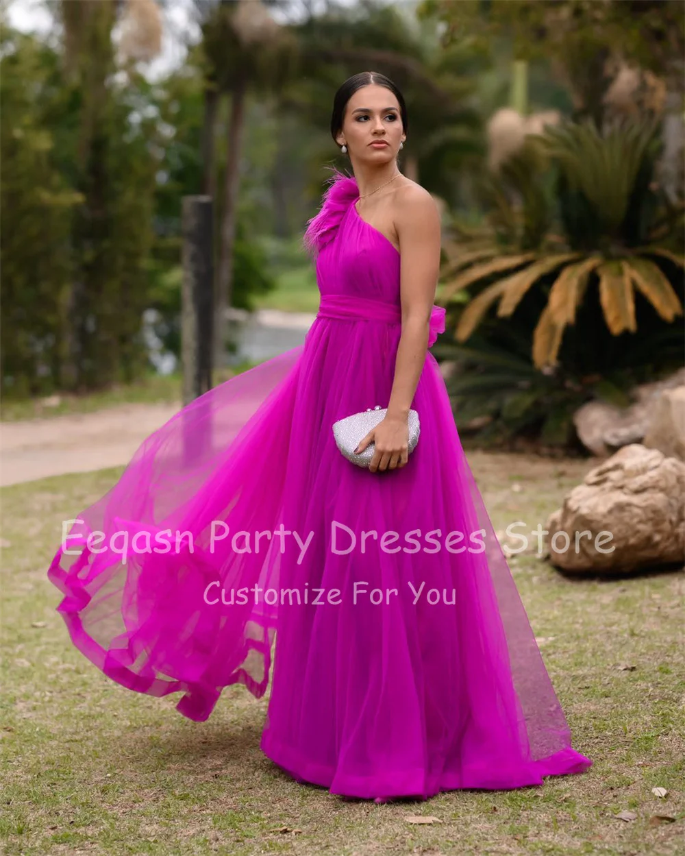 Customized One Shoulolder Feathers Prom Gowns Simple A Line Purple Tulle Sash Evening Dresses Formal Wedding Women Party Dress